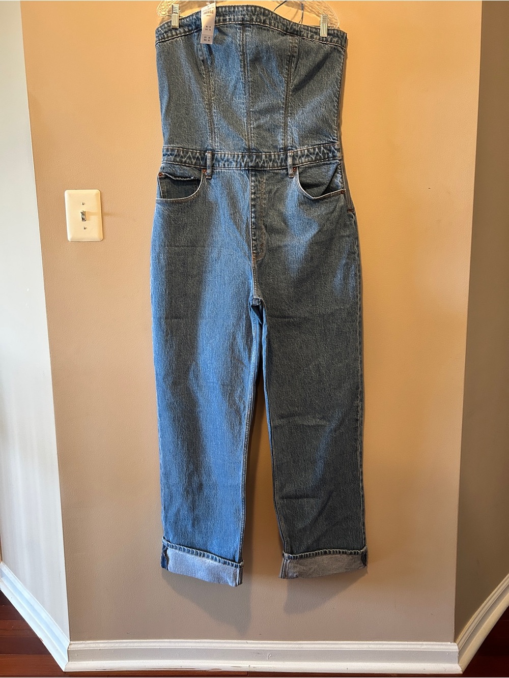 Abercrombie & Fitch Strapless Light Blue Denim Jumpsuit Large Tall